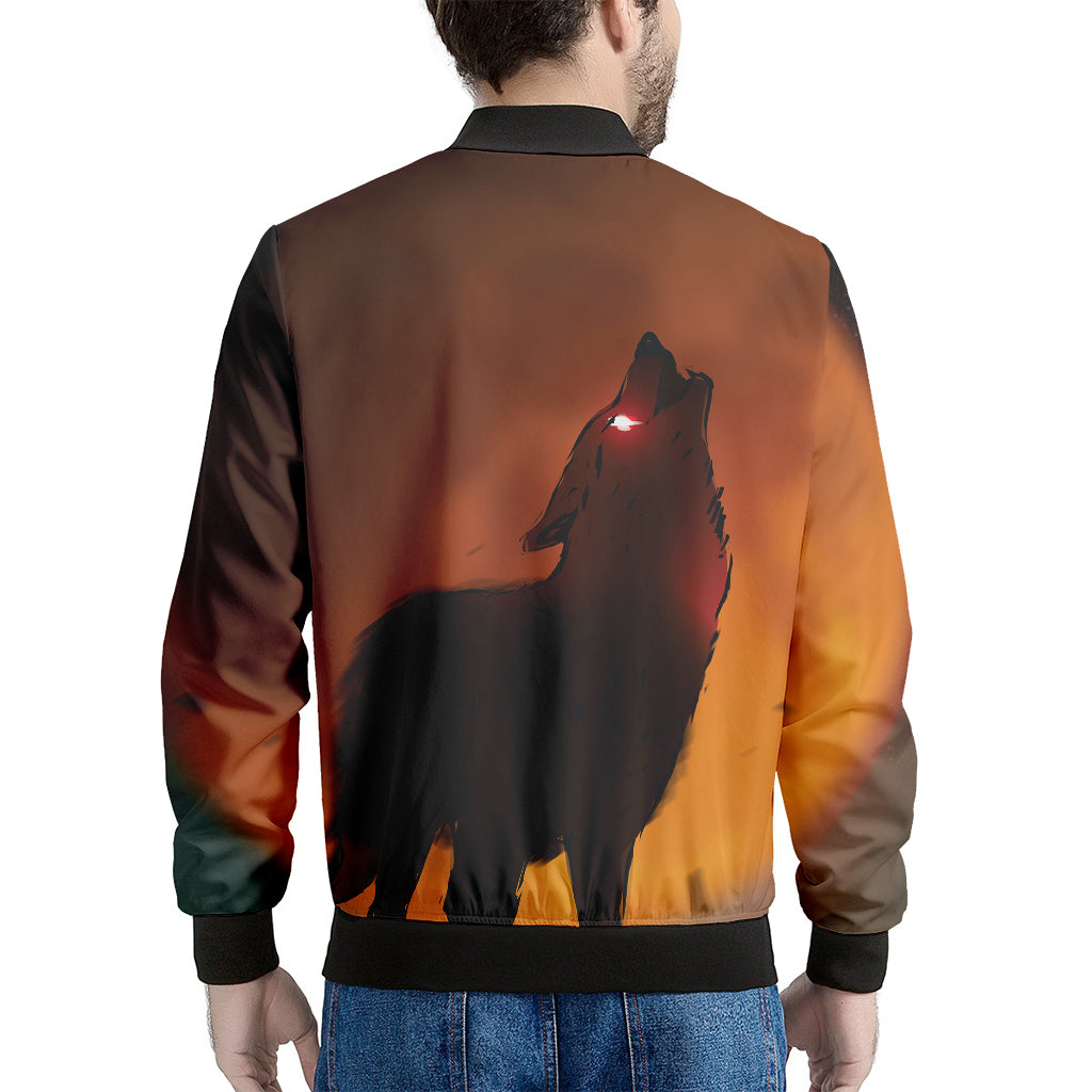 Red Moon Howling Wolf Print Men's Bomber Jacket