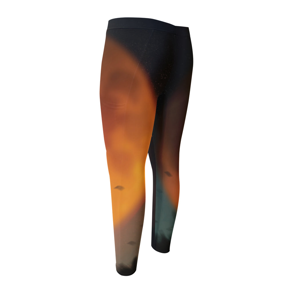 Red Moon Howling Wolf Print Men's Compression Pants