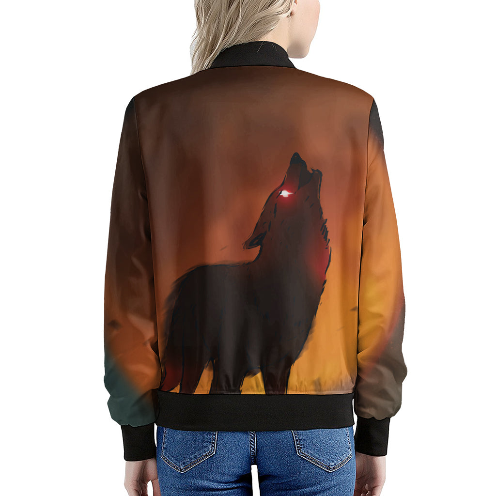 Red Moon Howling Wolf Print Women's Bomber Jacket