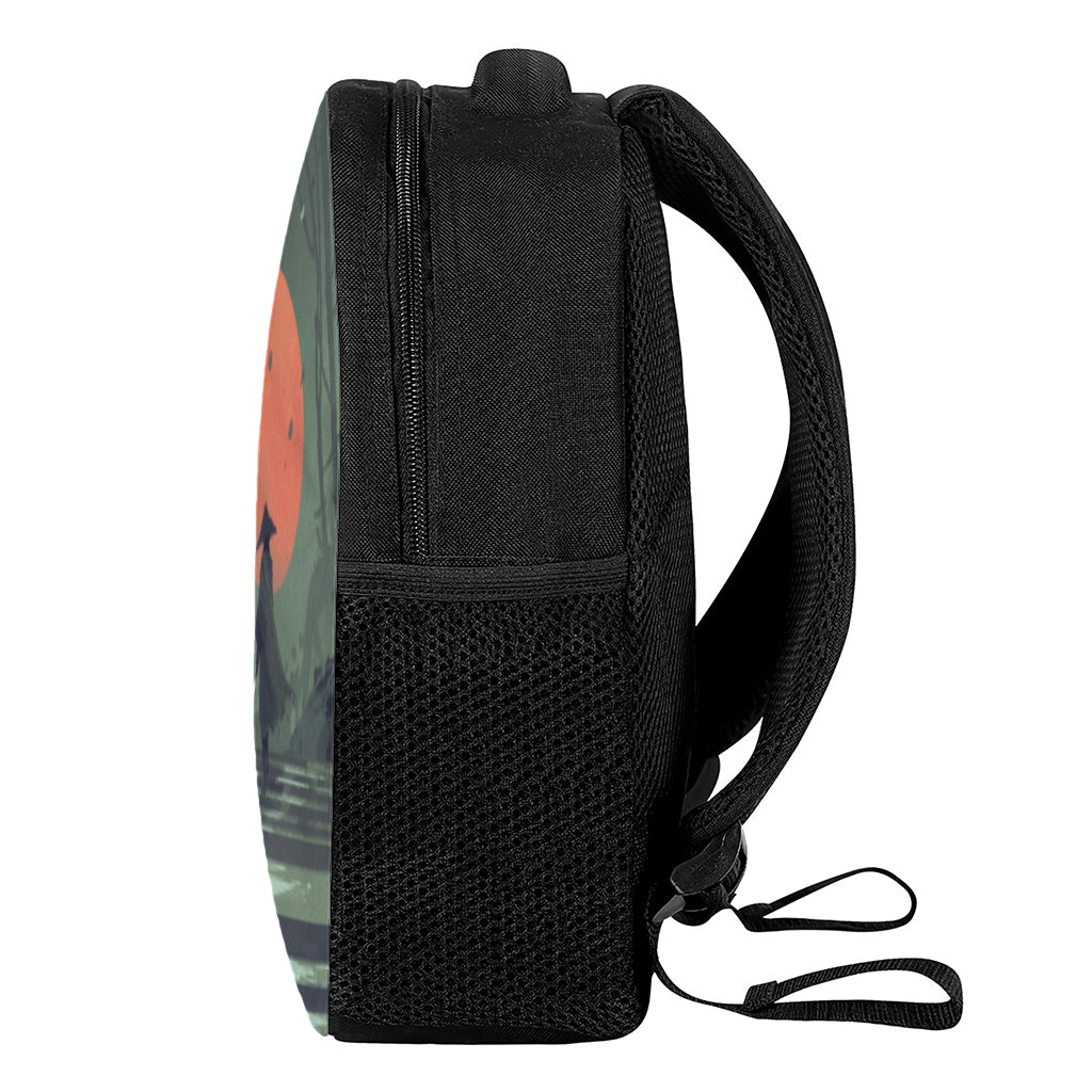 Red Moon Samurai Print Casual Backpack