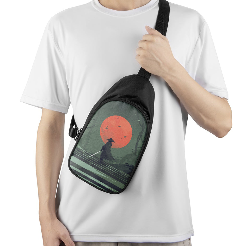 Red Moon Samurai Print Chest Bag