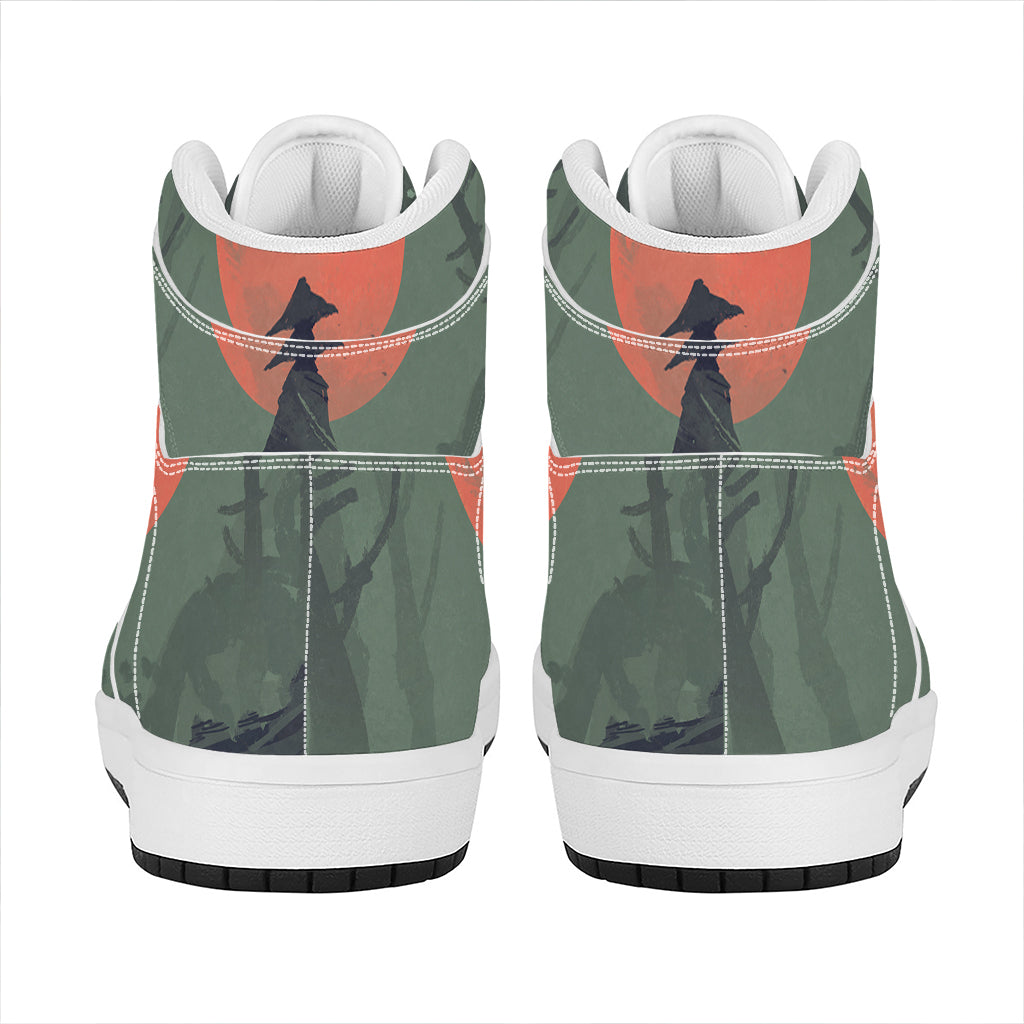 Red Moon Samurai Print High Top Leather Sneakers