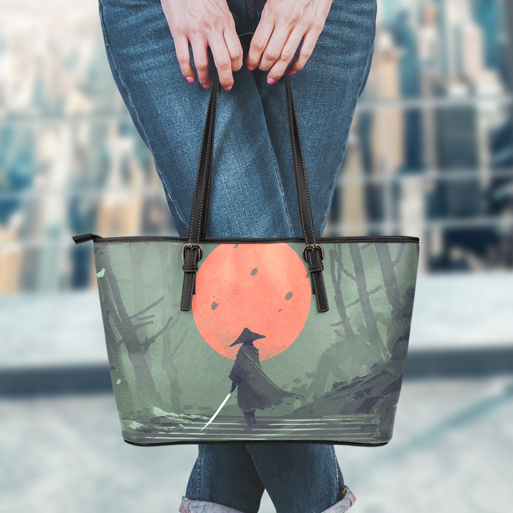 Red Moon Samurai Print Leather Tote Bag