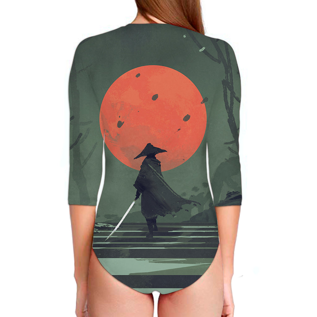 Red Moon Samurai Print Long Sleeve Swimsuit