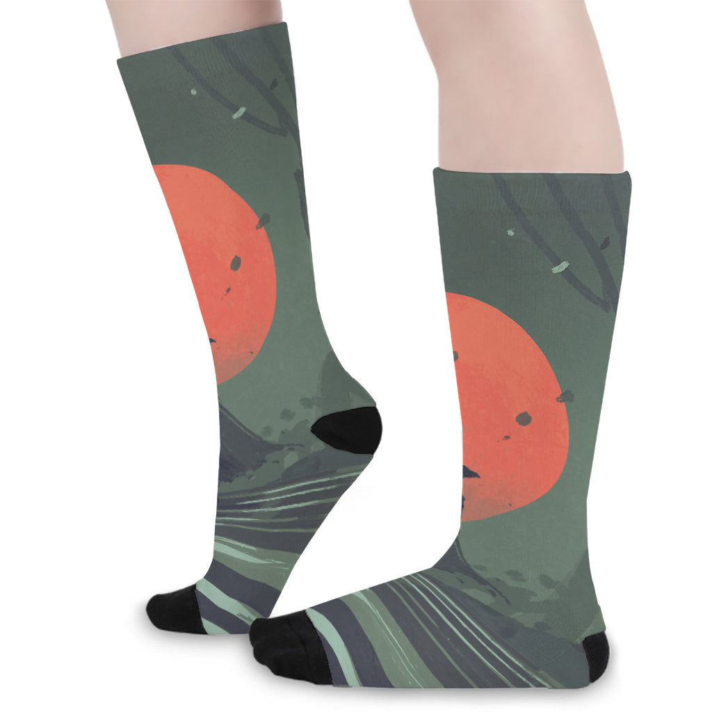 Red Moon Samurai Print Long Socks