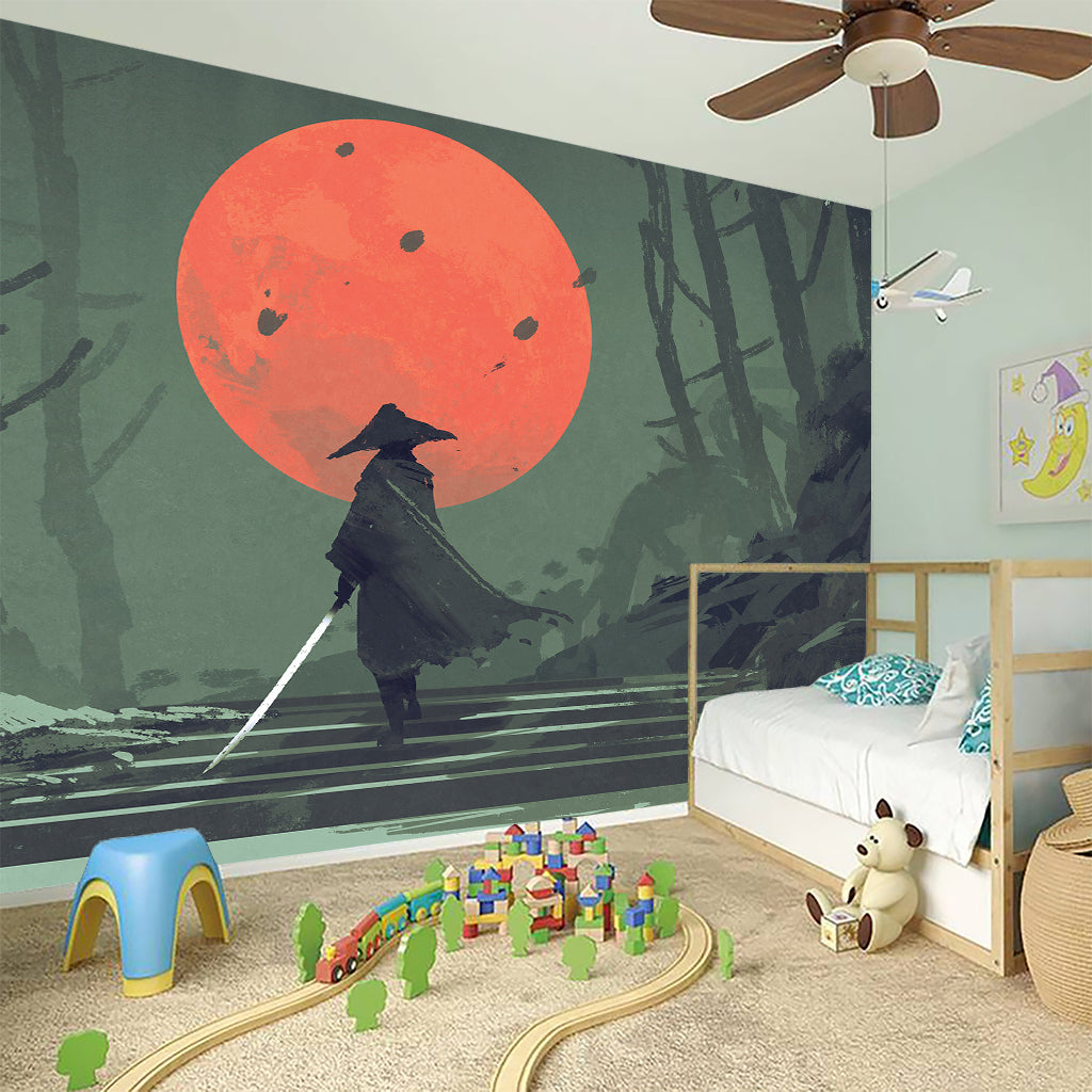 Red Moon Samurai Print Wall Sticker