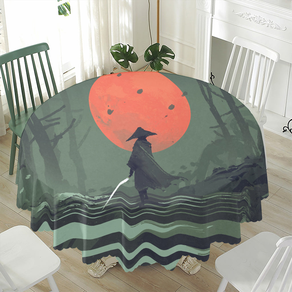 Red Moon Samurai Print Waterproof Round Tablecloth