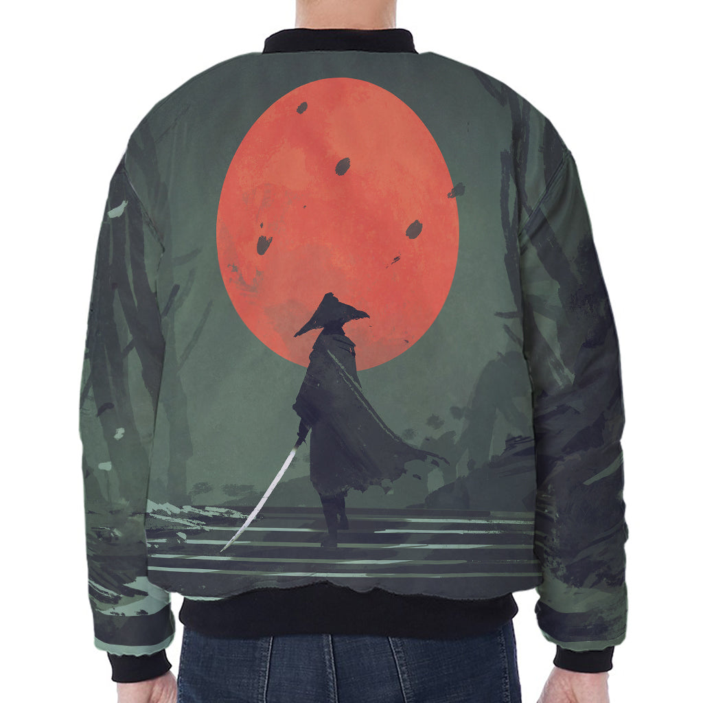 Red Moon Samurai Print Zip Sleeve Bomber Jacket