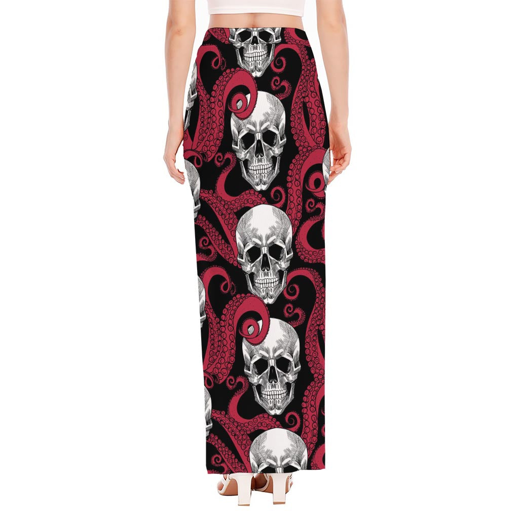 Red Octopus Skull Pattern Print High Slit Maxi Skirt
