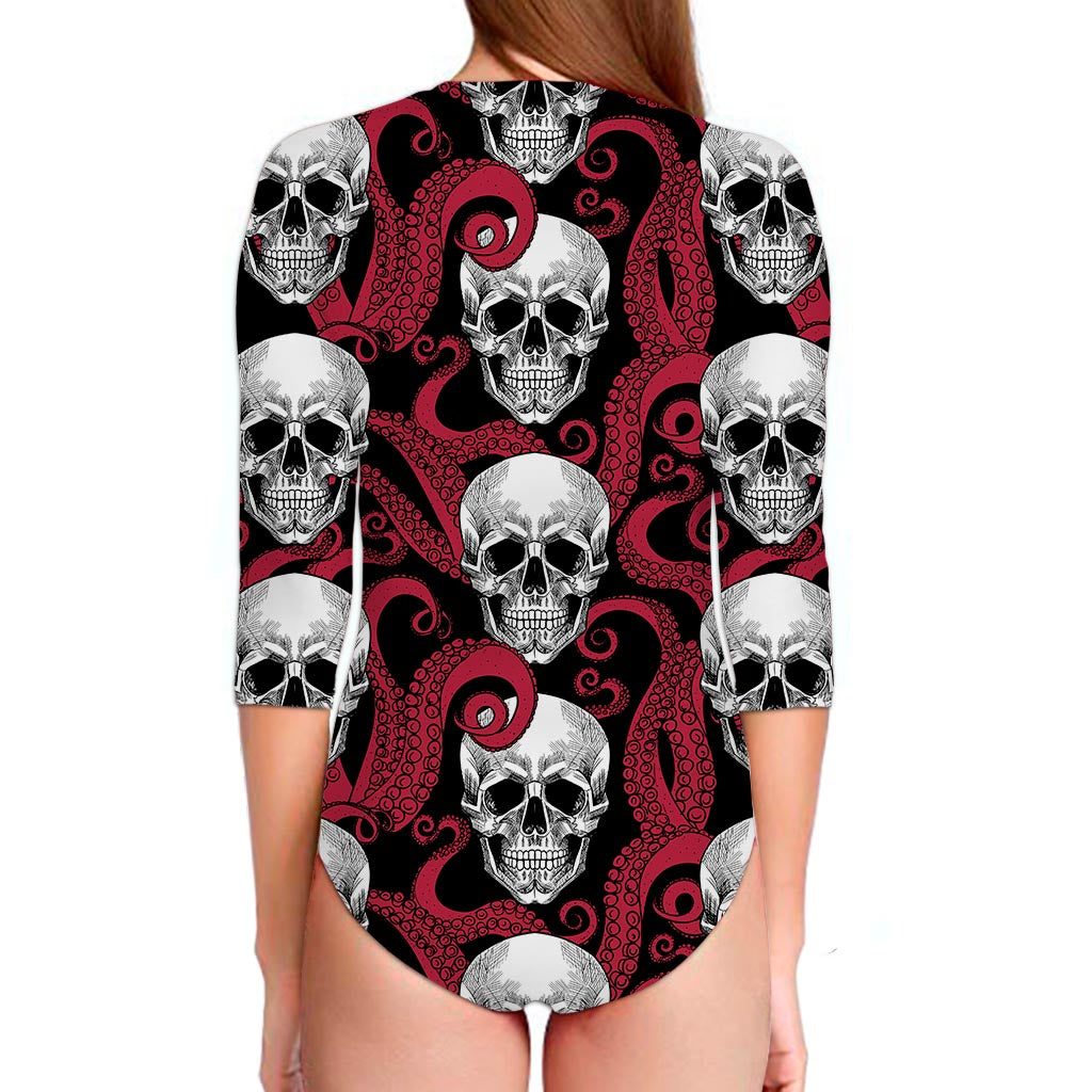Red Octopus Skull Pattern Print Long Sleeve Swimsuit