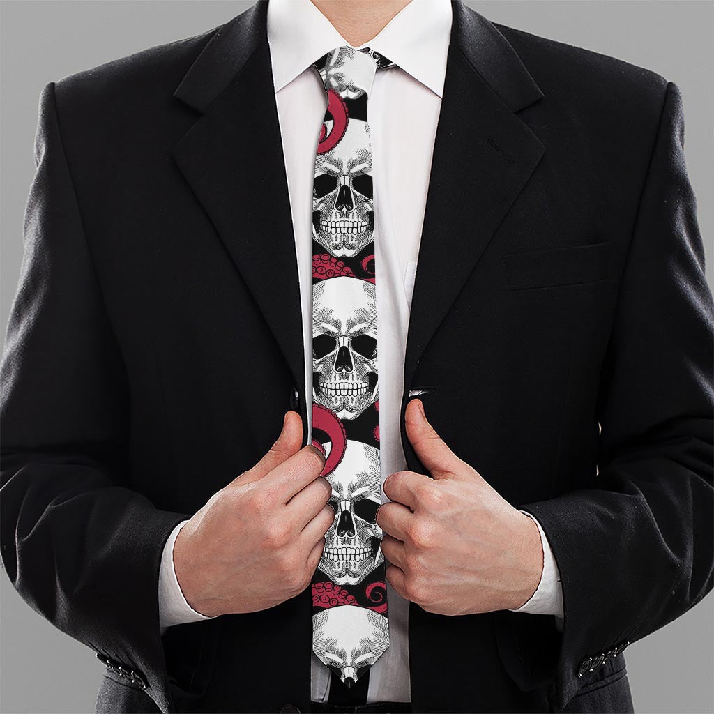 Red Octopus Skull Pattern Print Necktie