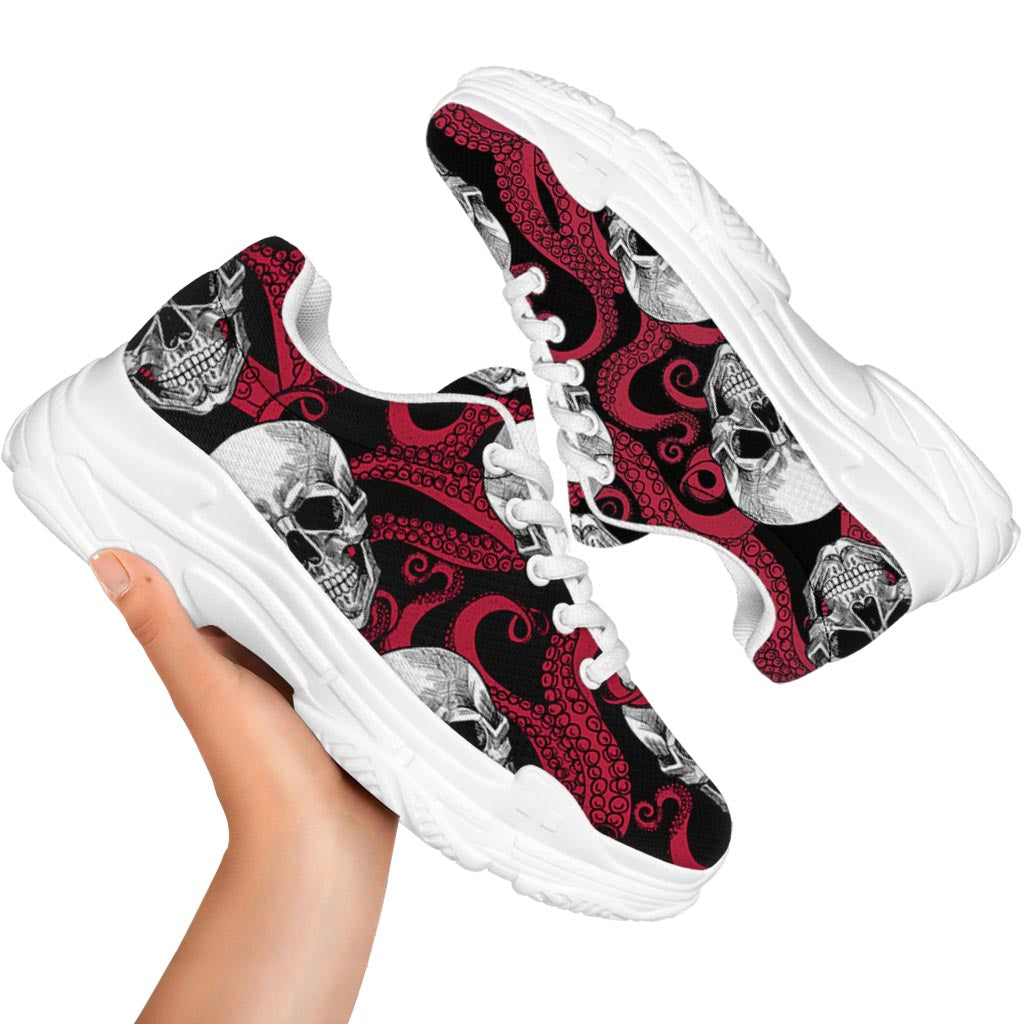 Red Octopus Skull Pattern Print White Chunky Shoes