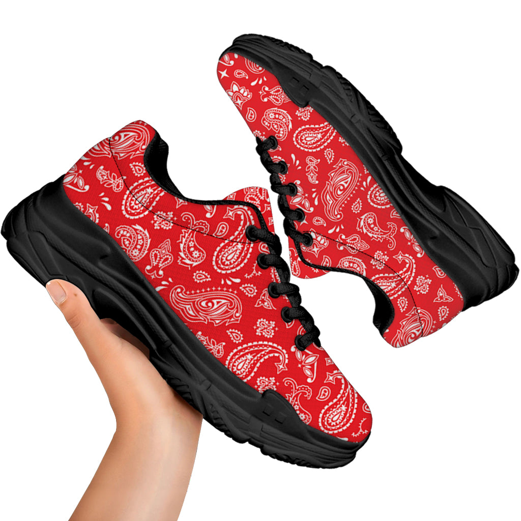 Red Paisley Bandana Pattern Print Black Chunky Shoes