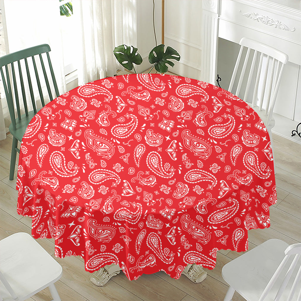 Red Paisley Bandana Pattern Print Waterproof Round Tablecloth