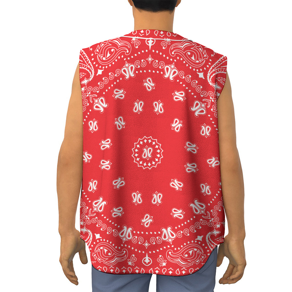 Red Paisley Bandana Print Sleeveless Baseball Jersey