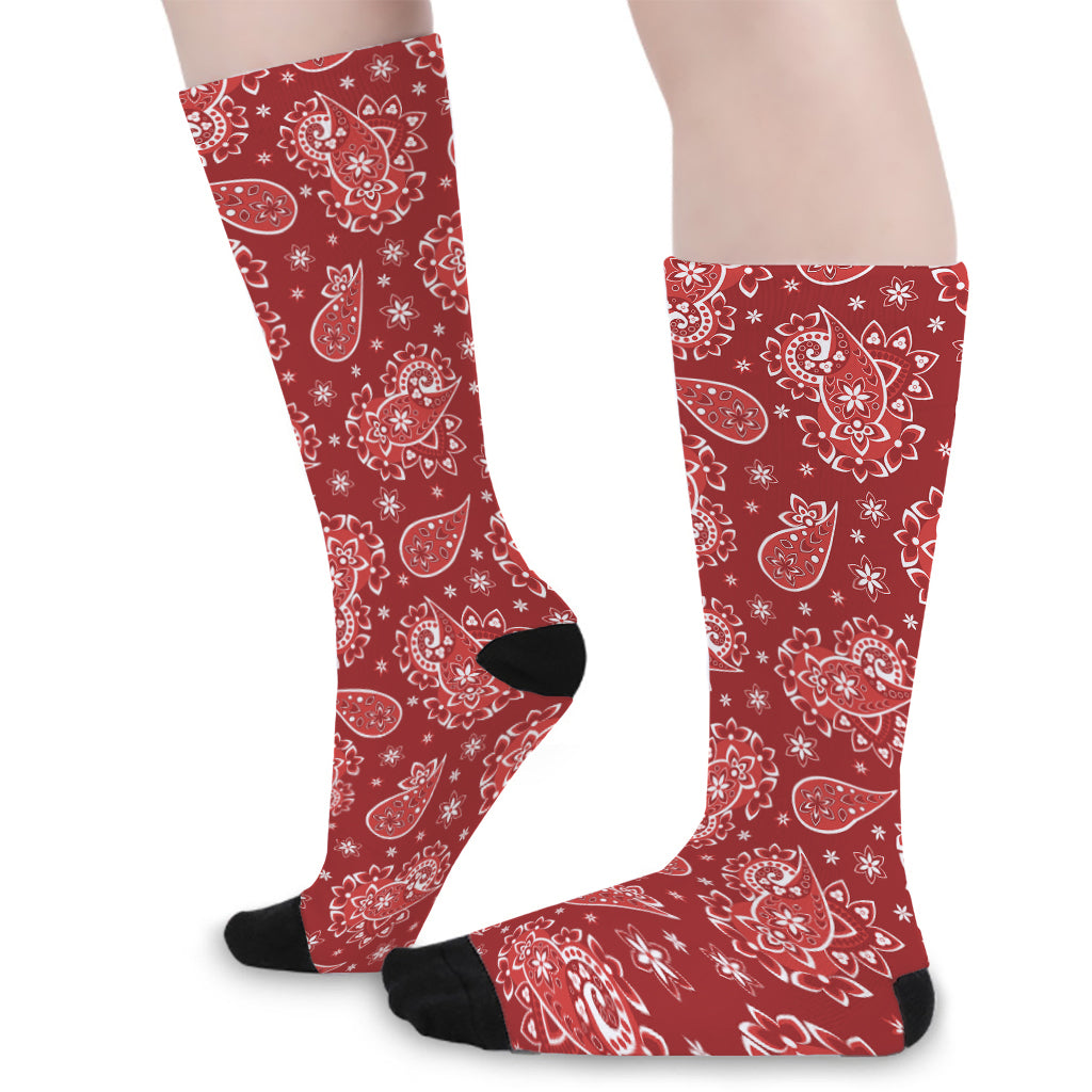 Red Paisley Pattern Print Long Socks