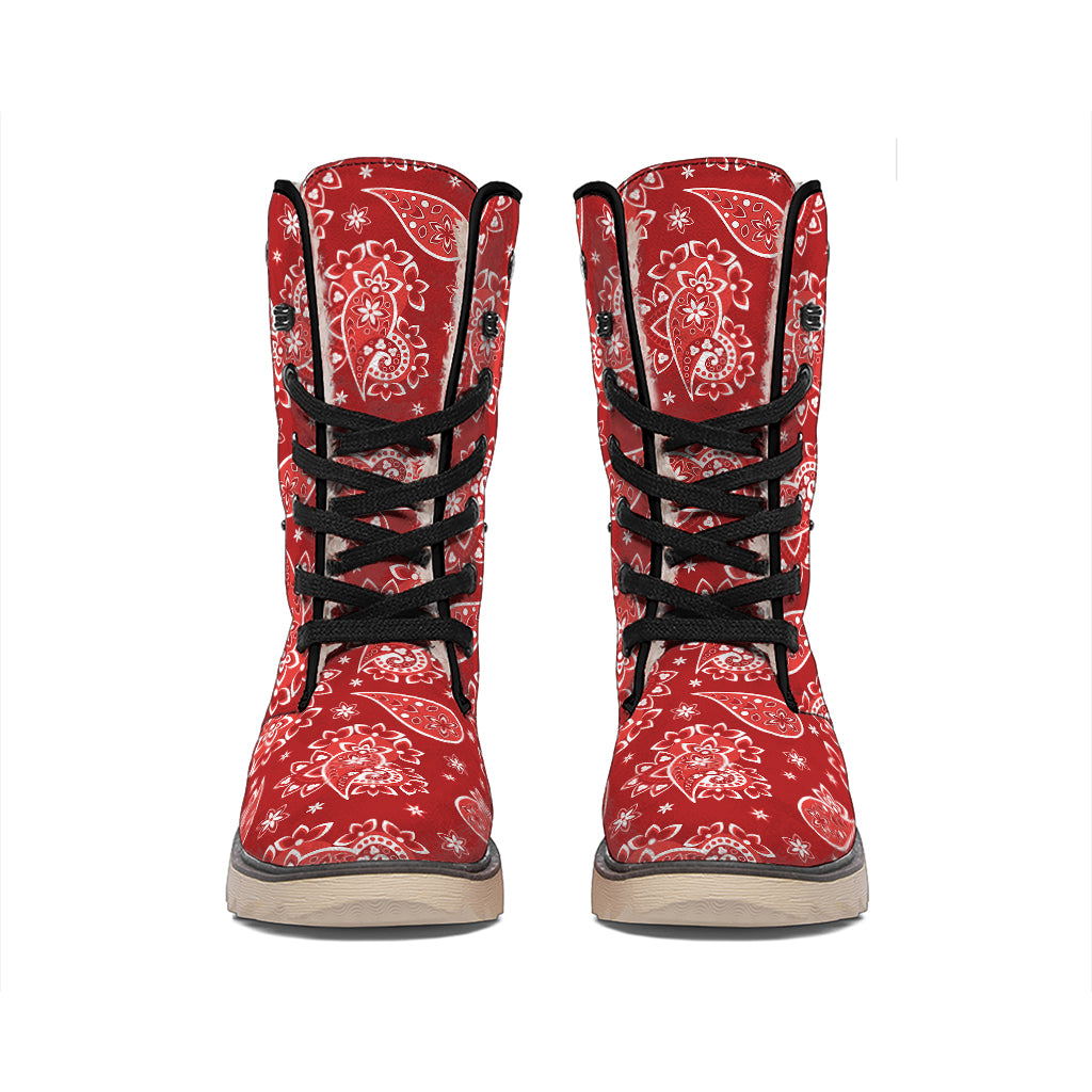 Red Paisley Pattern Print Winter Boots
