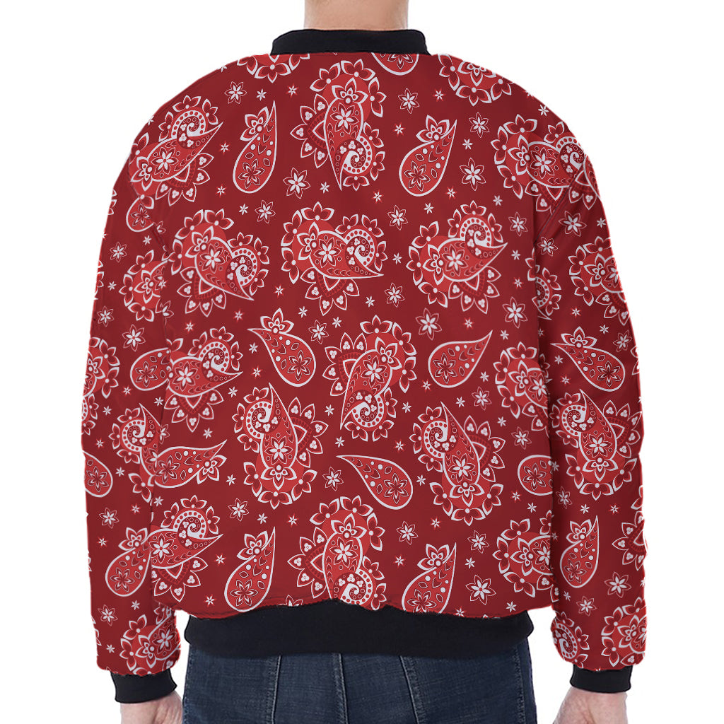 Red Paisley Pattern Print Zip Sleeve Bomber Jacket