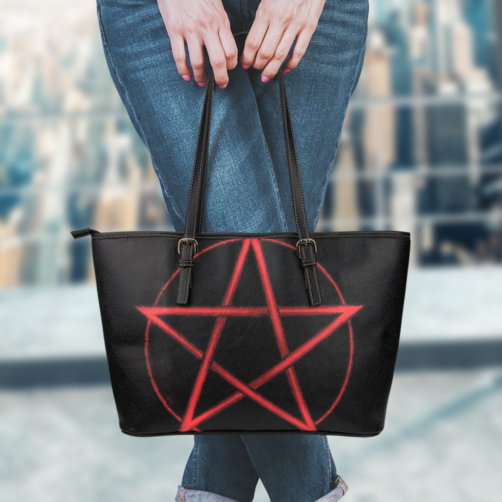 Red Pentagram Symbol Print Leather Tote Bag