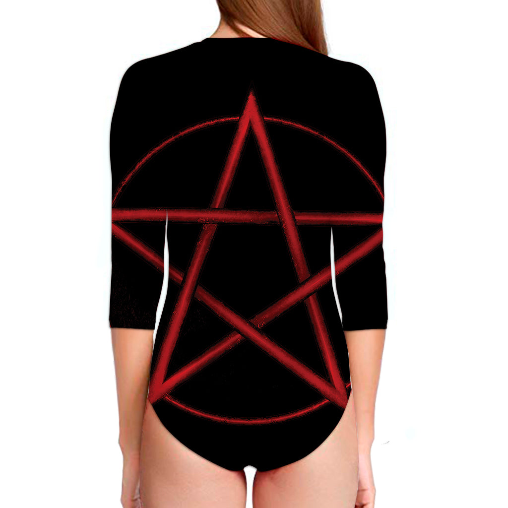 Red Pentagram Symbol Print Long Sleeve Swimsuit
