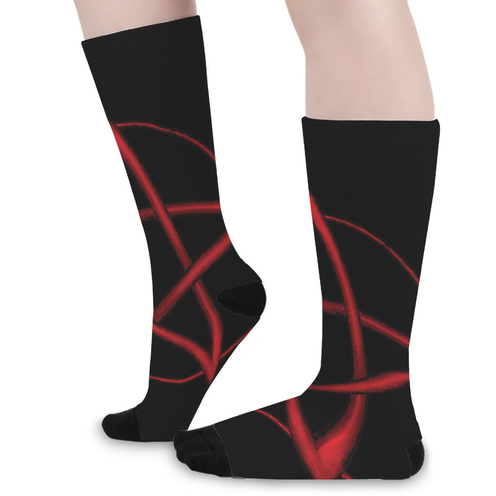 Red Pentagram Symbol Print Long Socks
