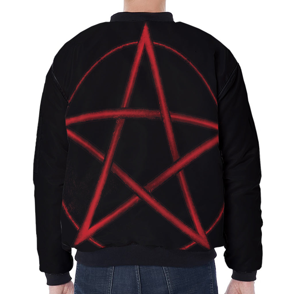 Red Pentagram Symbol Print Zip Sleeve Bomber Jacket