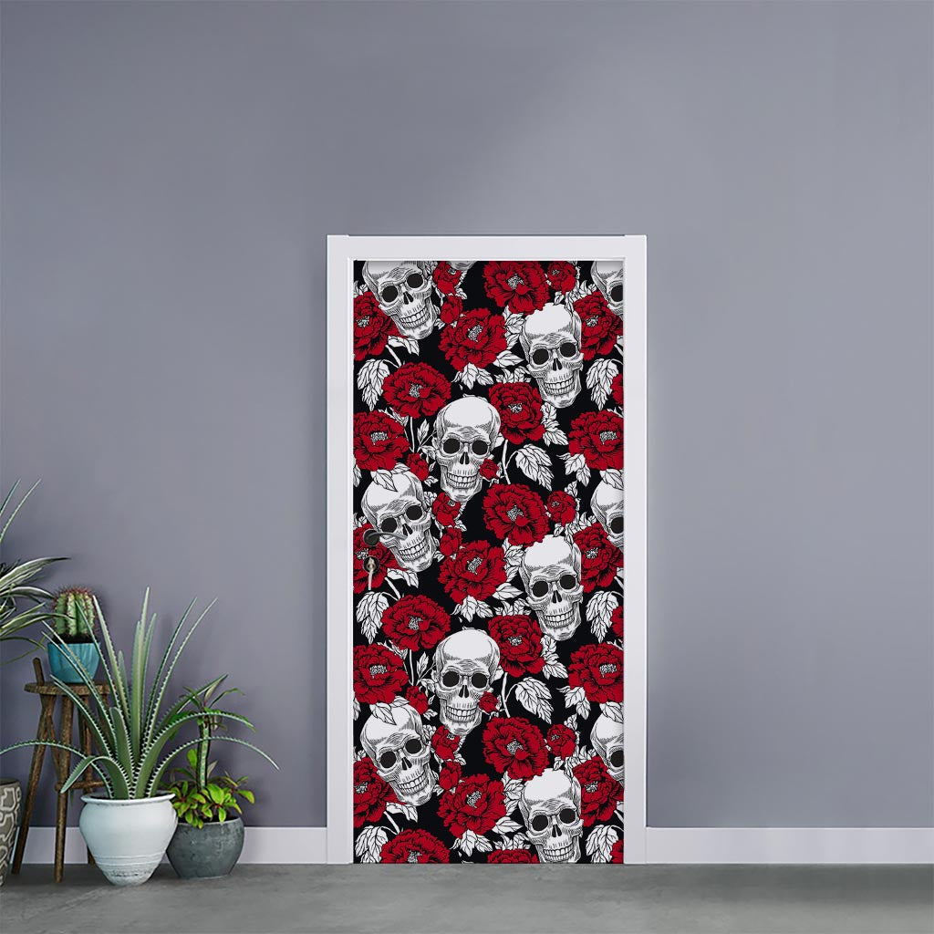 Red Peony Skull Pattern Print Door Sticker