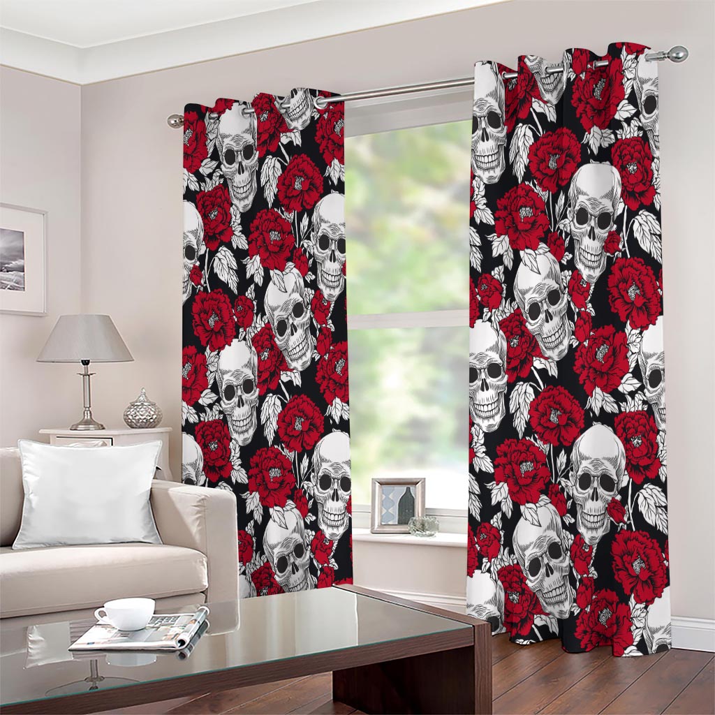 Red Peony Skull Pattern Print Extra Wide Grommet Curtains