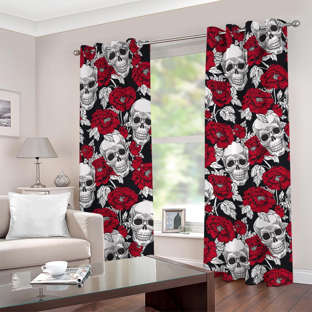 Red Peony Skull Pattern Print Grommet Curtains