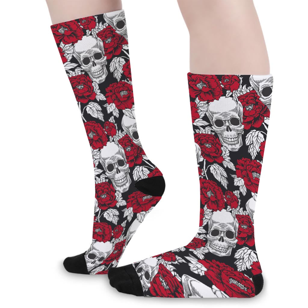 Red Peony Skull Pattern Print Long Socks
