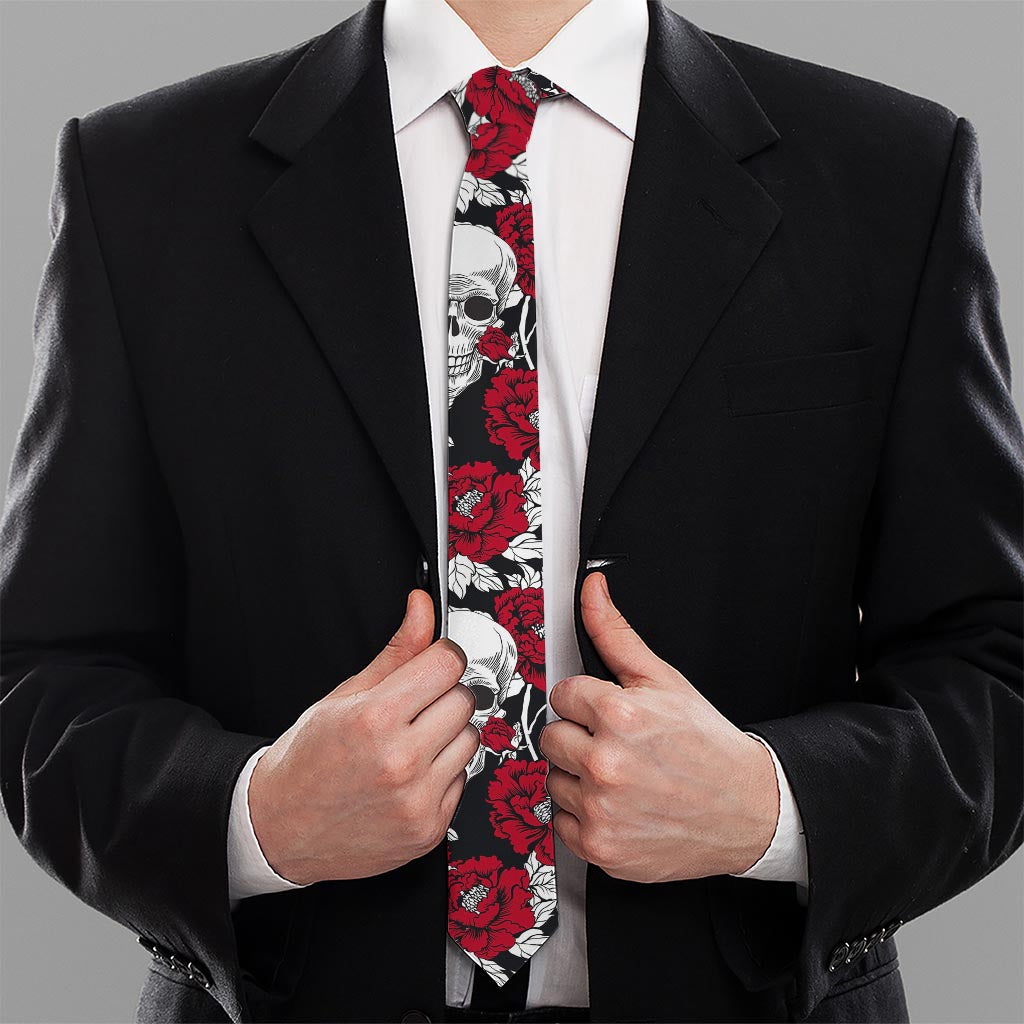 Red Peony Skull Pattern Print Necktie