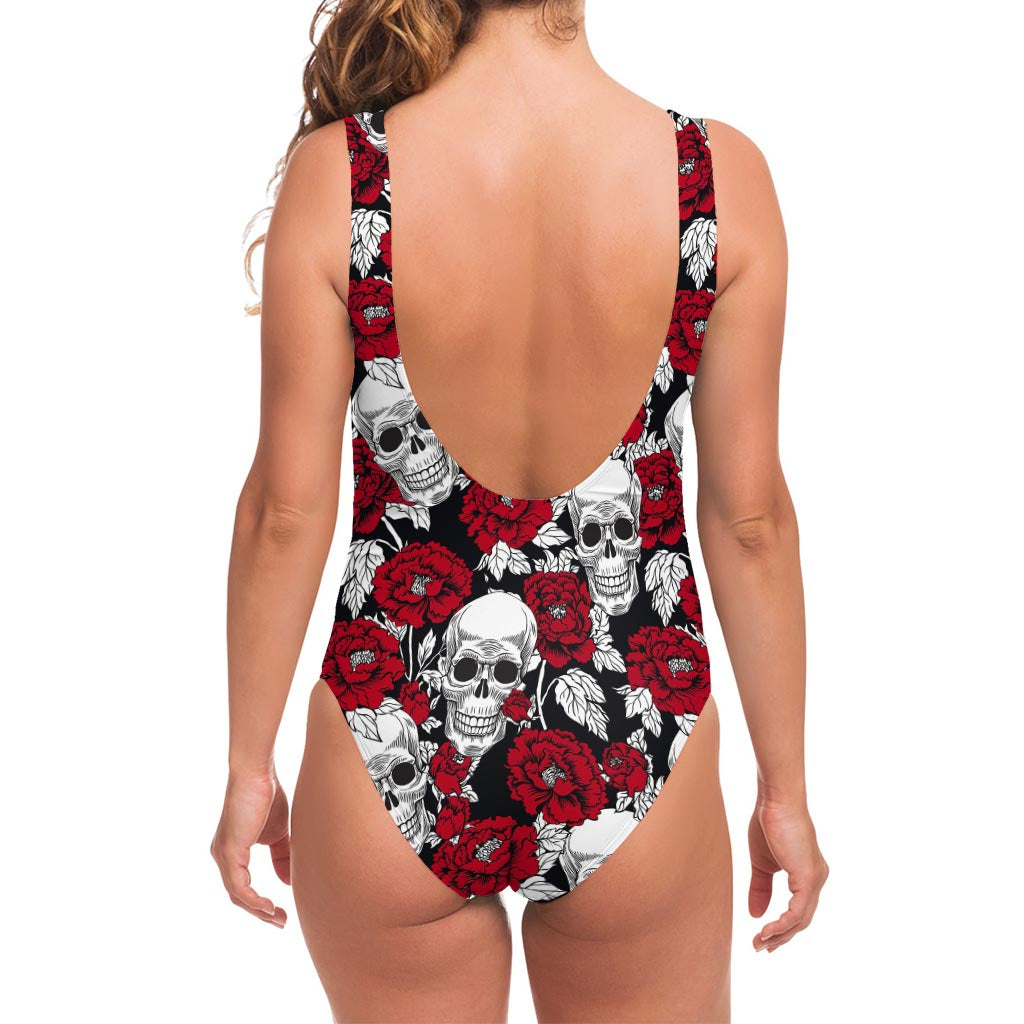 Red Peony Skull Pattern Print One Piece Swimsuit