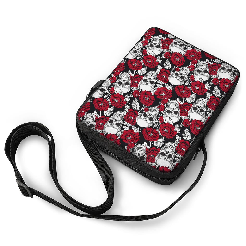 Red Peony Skull Pattern Print Rectangular Crossbody Bag