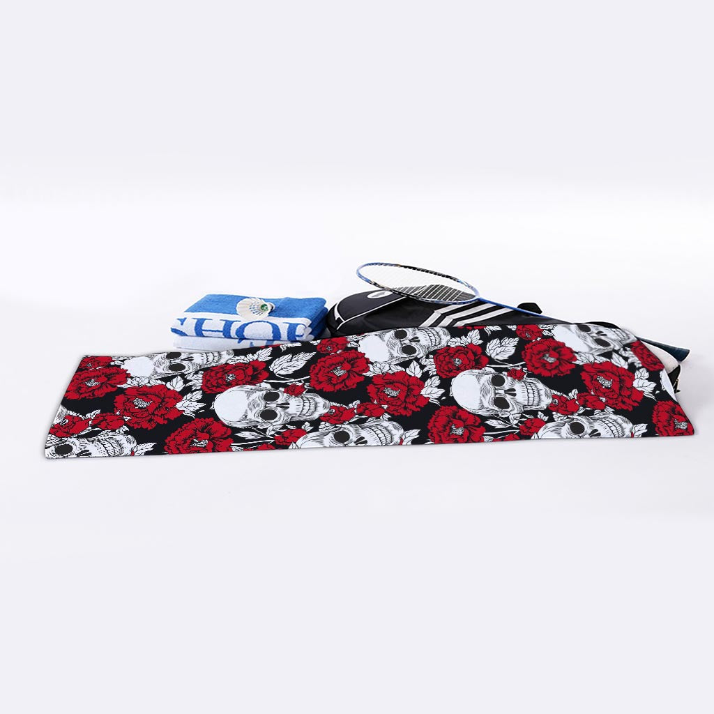 Red Peony Skull Pattern Print Sports Towel