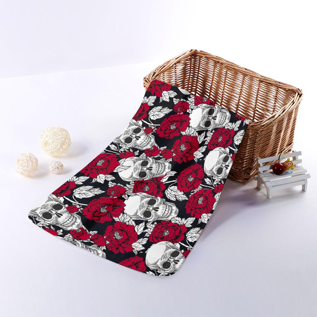 Red Peony Skull Pattern Print Towel