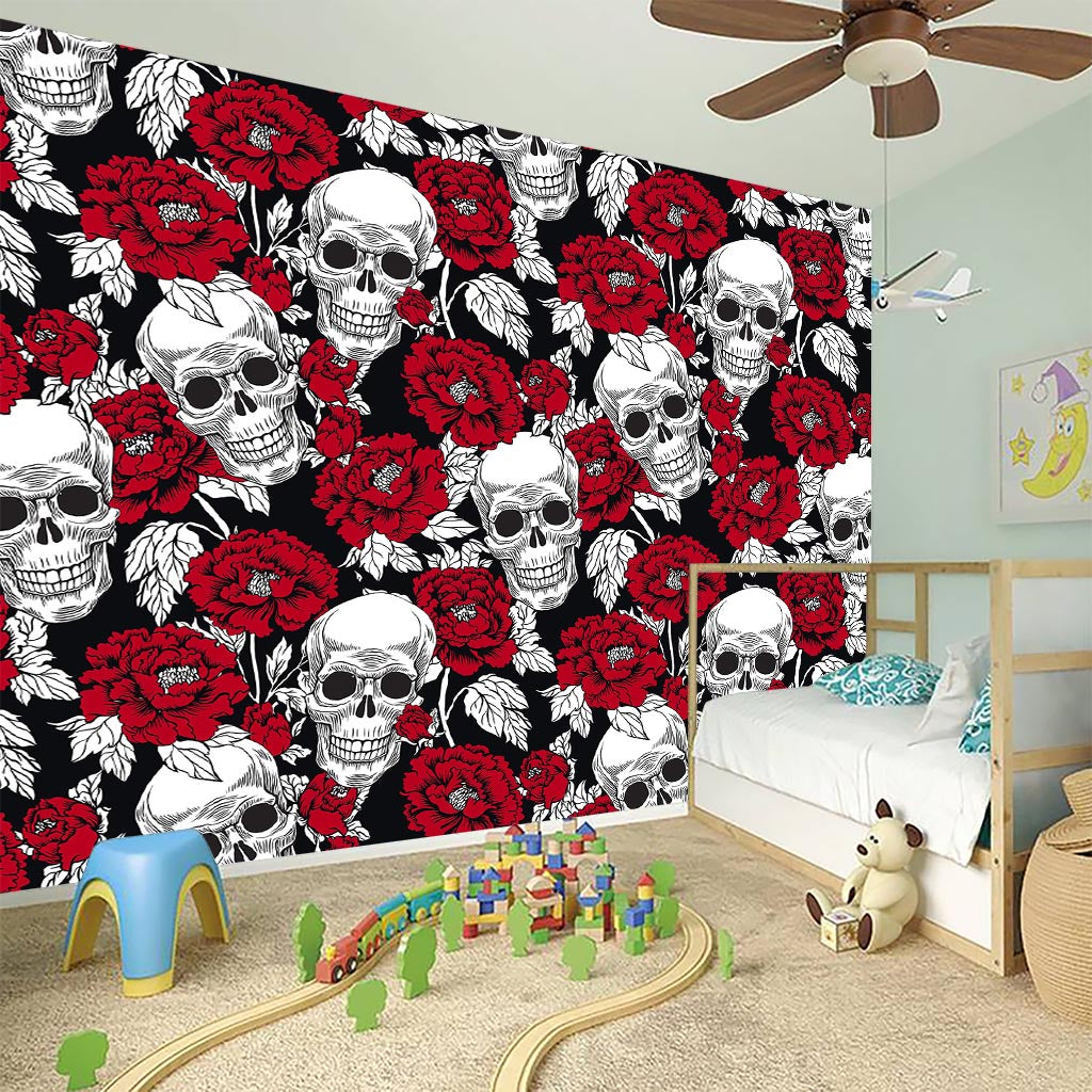 Red Peony Skull Pattern Print Wall Sticker