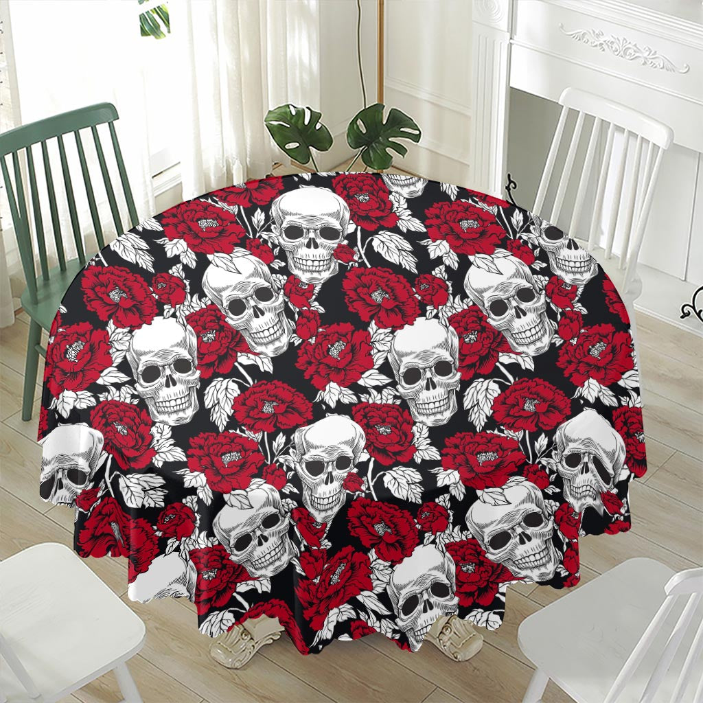 Red Peony Skull Pattern Print Waterproof Round Tablecloth