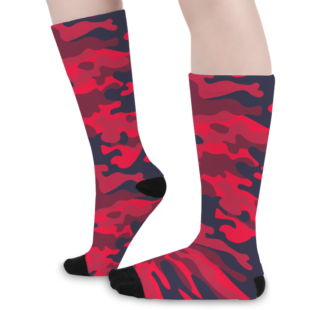 Red Pink And Black Camouflage Print Long Socks