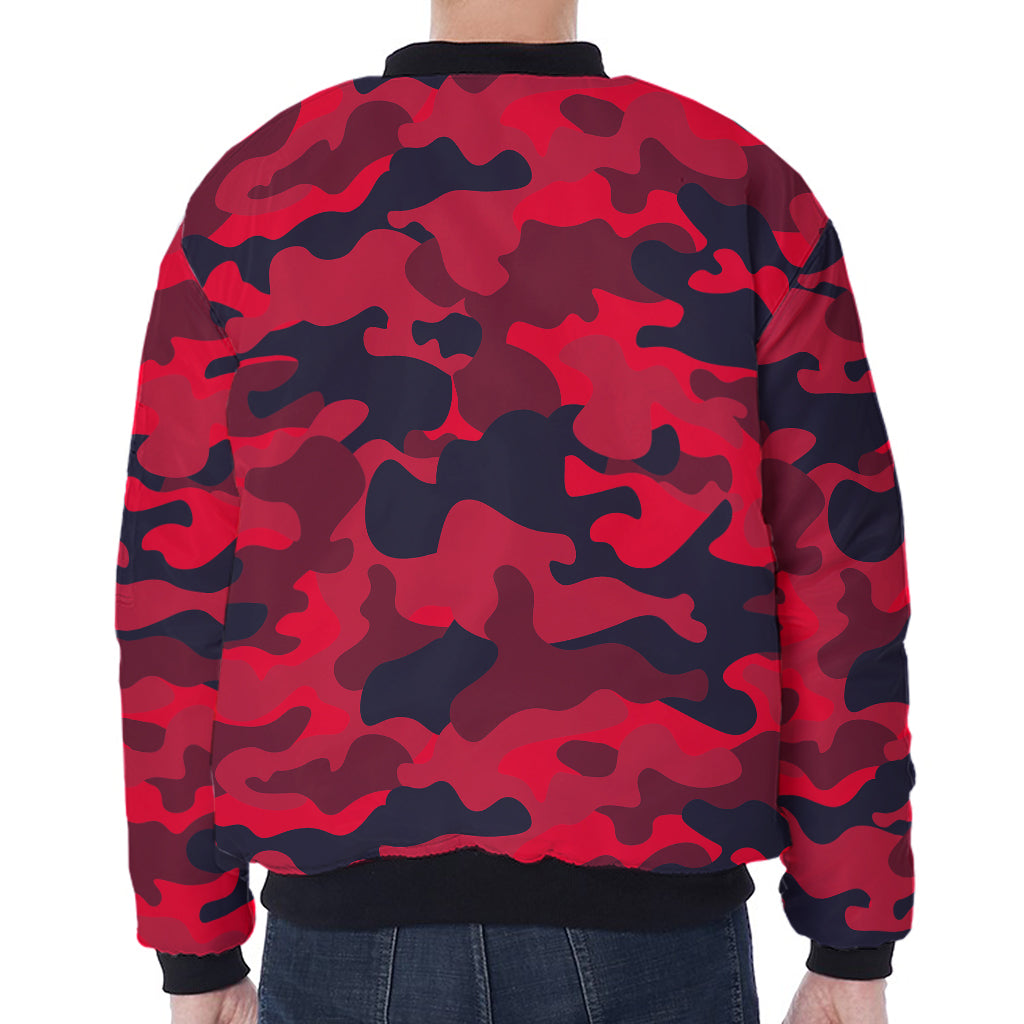 Red Pink And Black Camouflage Print Zip Sleeve Bomber Jacket
