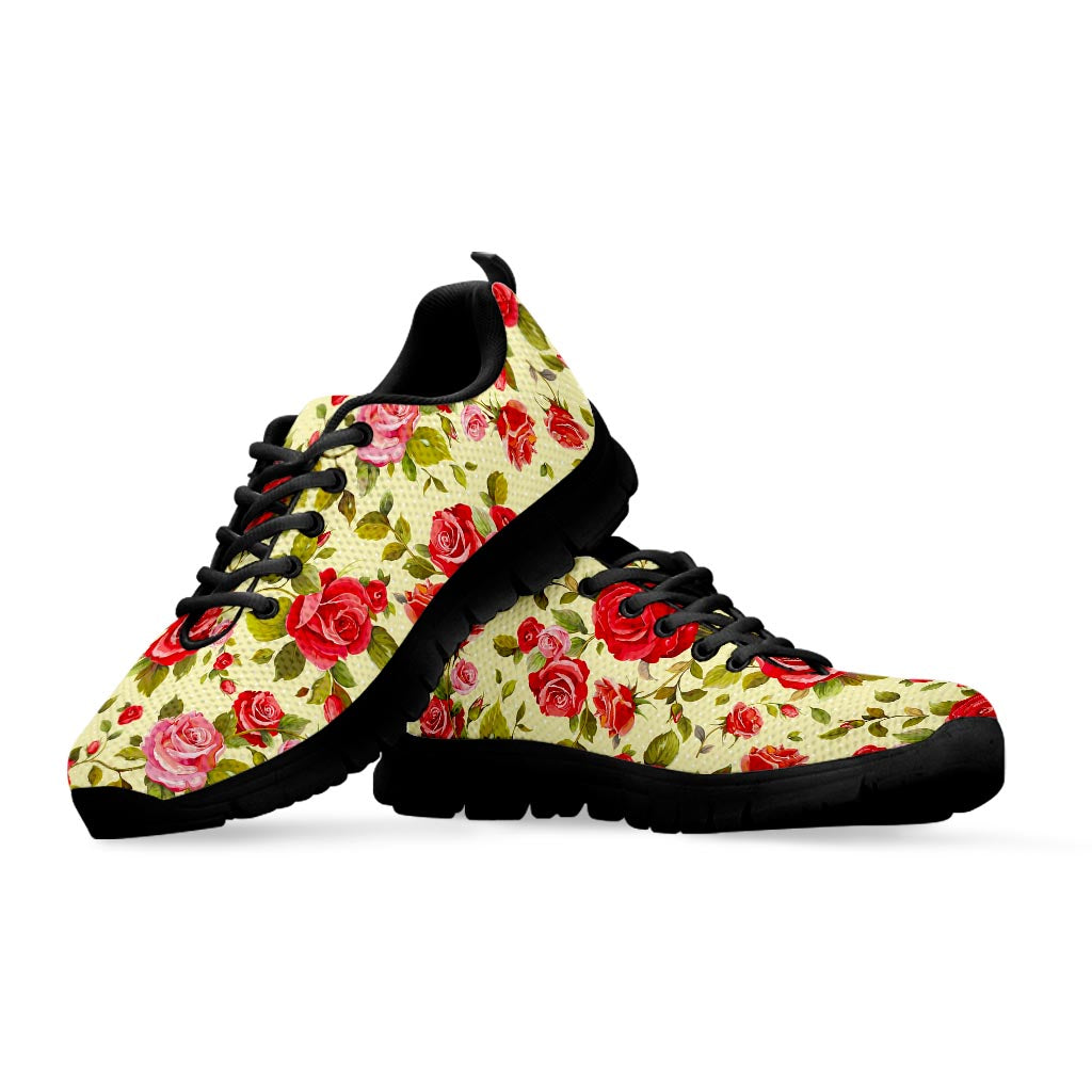 Red Pink Rose Floral Pattern Print Black Running Shoes