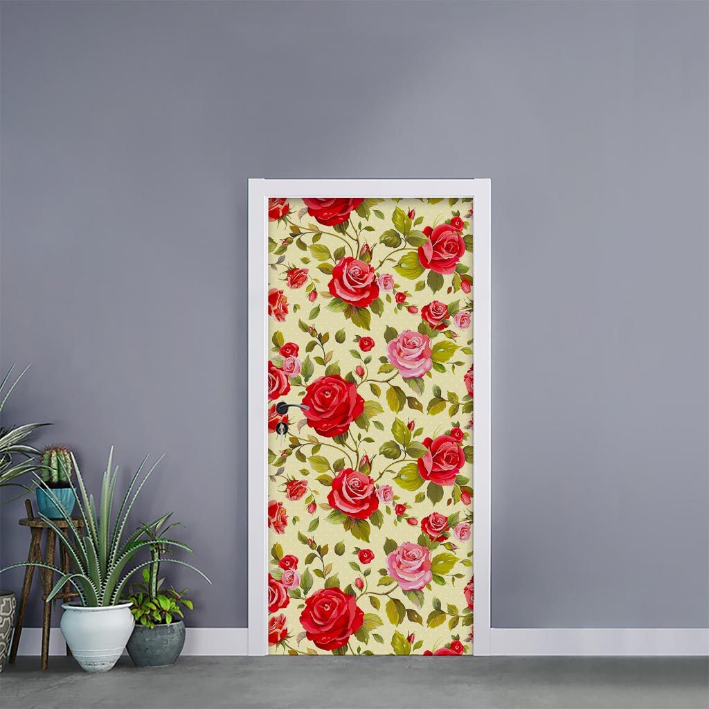 Red Pink Rose Floral Pattern Print Door Sticker