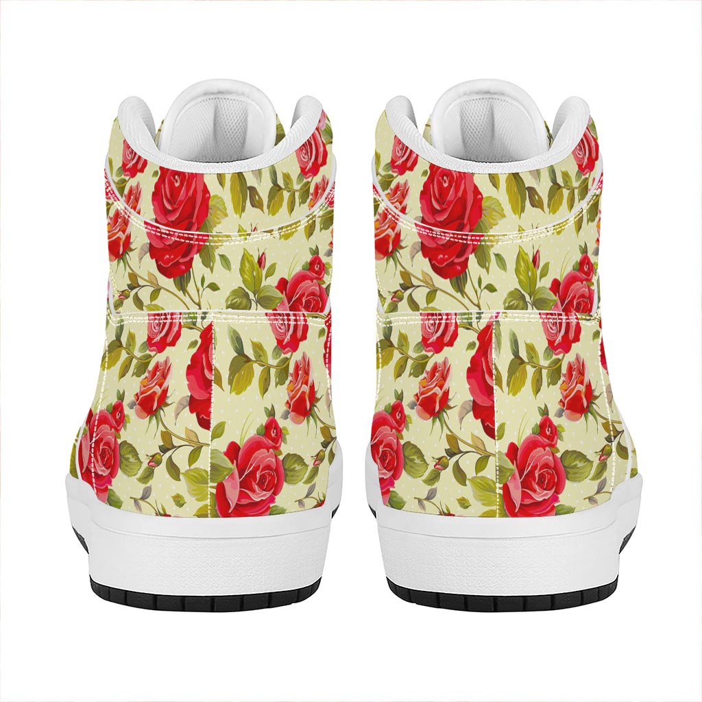 Red Pink Rose Floral Pattern Print High Top Leather Sneakers