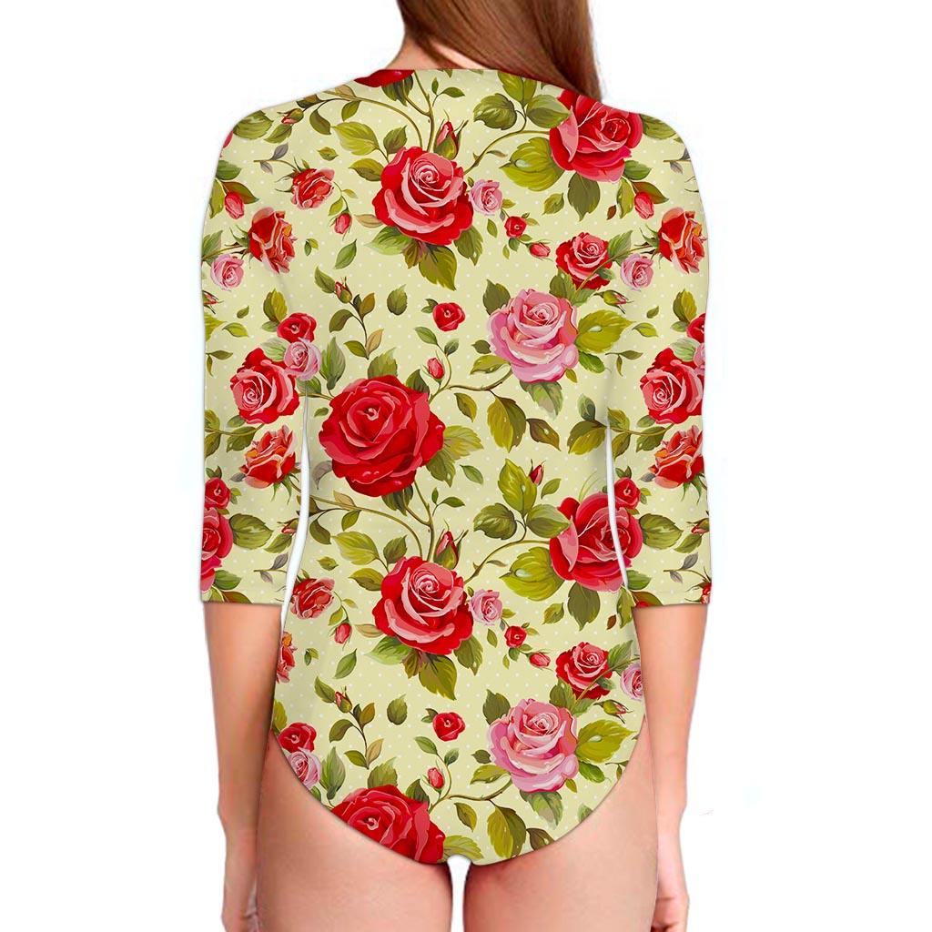 Red Pink Rose Floral Pattern Print Long Sleeve Swimsuit
