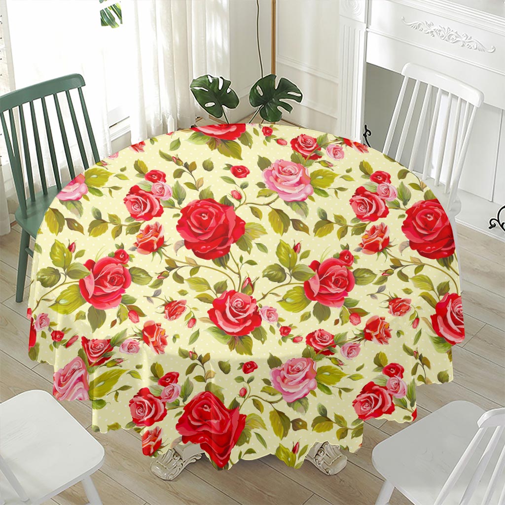 Red Pink Rose Floral Pattern Print Waterproof Round Tablecloth