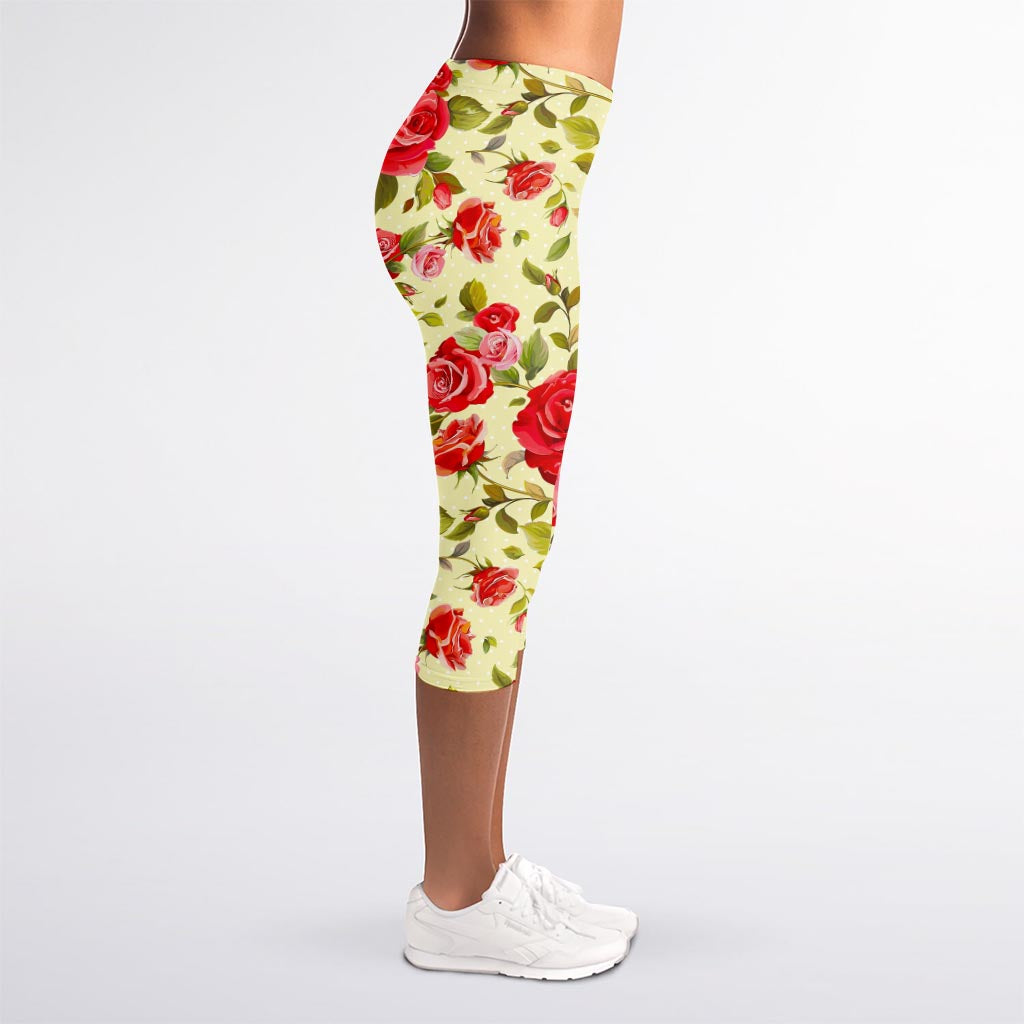 Red Pink Rose Floral Pattern Print Women's Capri Leggings
