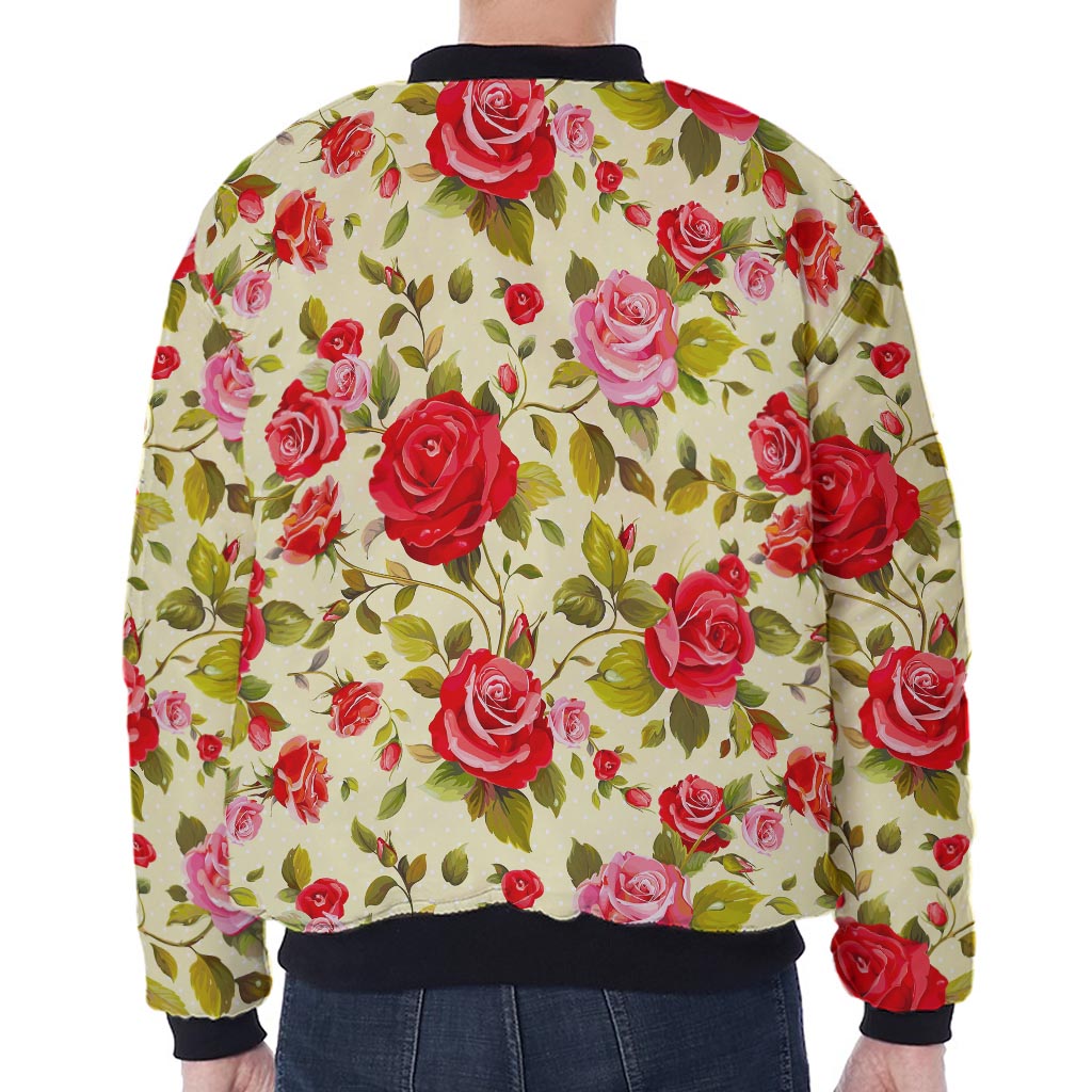 Red Pink Rose Floral Pattern Print Zip Sleeve Bomber Jacket