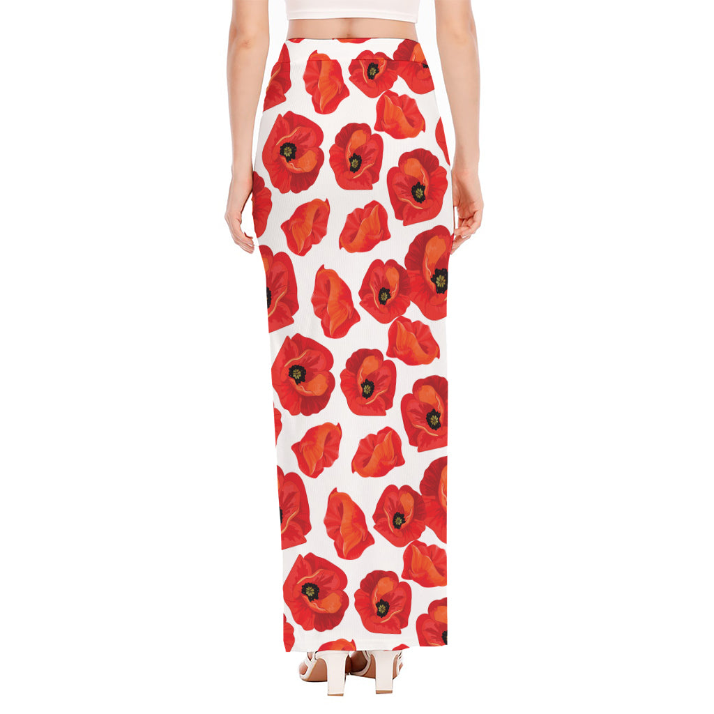 Red Poppy Pattern Print High Slit Maxi Skirt