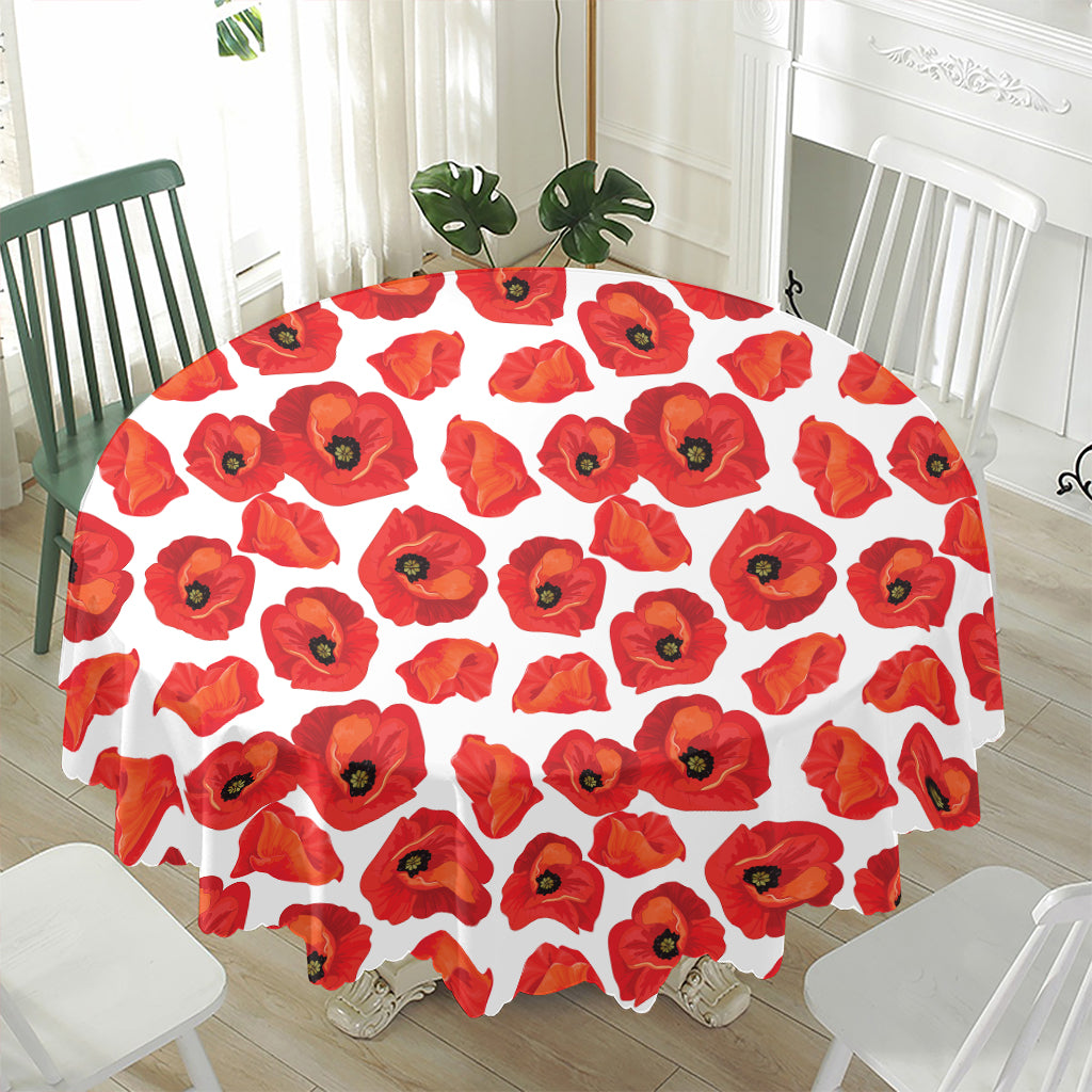 Red Poppy Pattern Print Waterproof Round Tablecloth