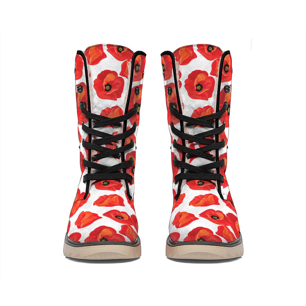 Red Poppy Pattern Print Winter Boots