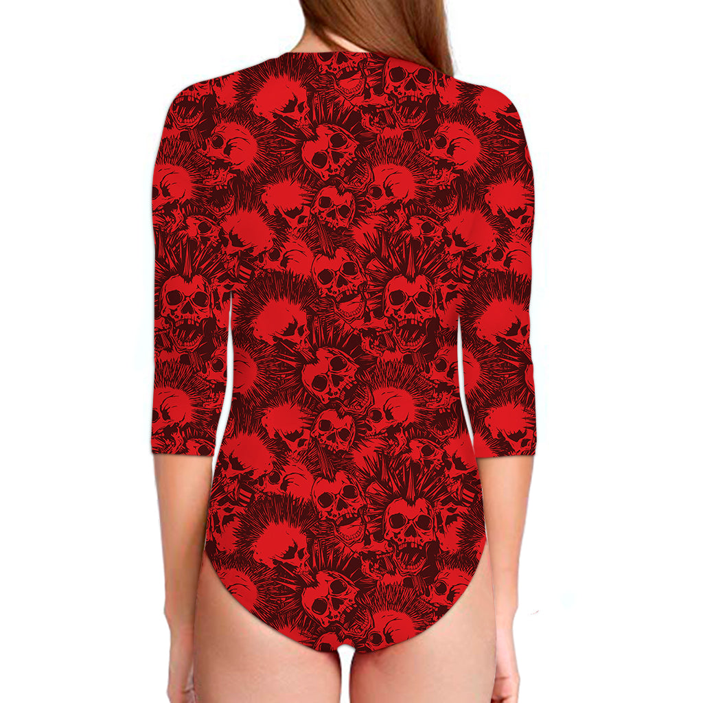 Red Punk Skull Pattern Print Long Sleeve Swimsuit